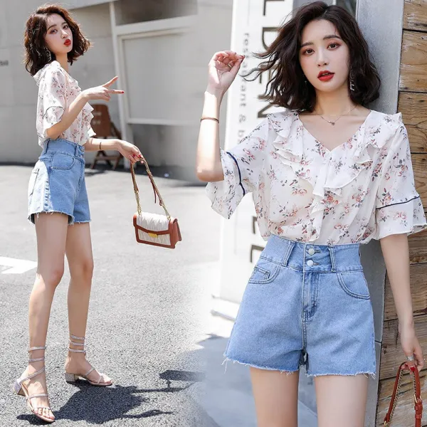 데일리룩 패션 로멘틱한 캐주얼 쉬폰 러플 블라우스x데님 반바지 세트