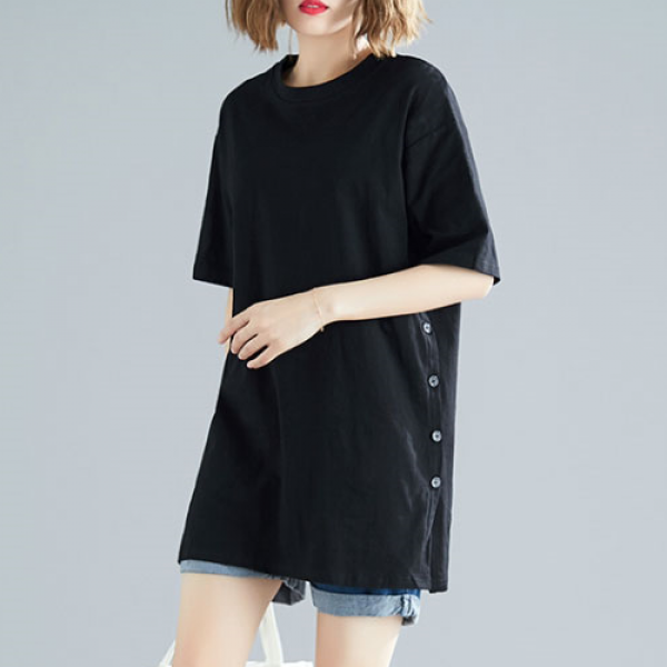 마마퀸 여성빅사이즈 라운드넥 옆라인버튼절개 반소매롱티셔츠 19M050113 빅사이즈롱티