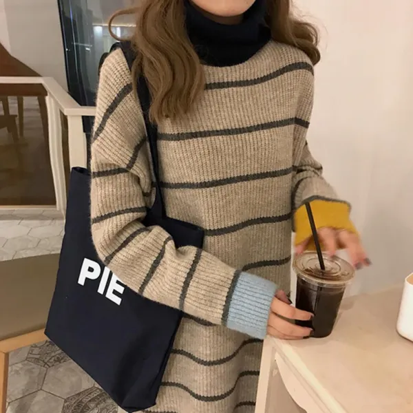 컬러 배색 스트라이프 터틀넥 니트원피스 데일리원피스 오피스룩