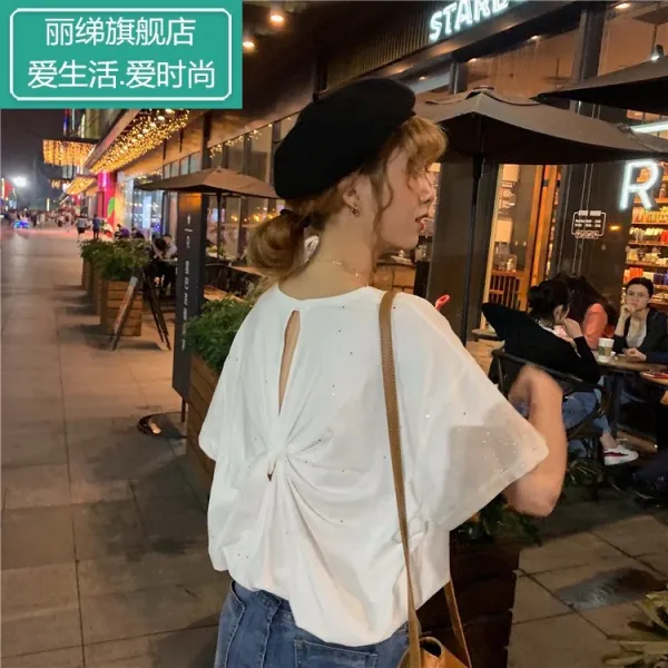 여름 빈티지 항 고소한 소심기 펀칭 백 메쉬 레드 펄 루즈 티셔츠 여 ins