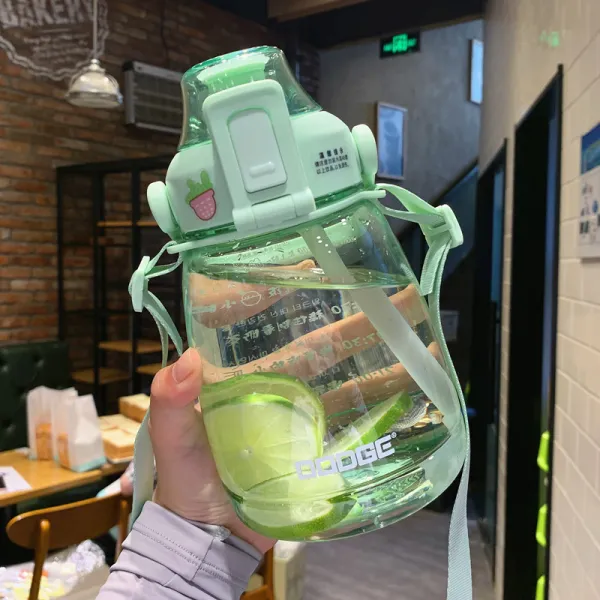 어른 TRITAN 대용량 물컵 여성 여름 배불뚝이컵 휴대 기울다 메다 운동 빨대컵 눈금 플라스틱, 그린 1.2L 스티커를 보내다 _DI