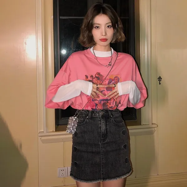 토템상사 하계반팔티 시끄럽다 하우스 T셔츠 여성 여름 라운드넥 와이드 루즈핏 아메카지스타일 플라워 프린트 트렌드