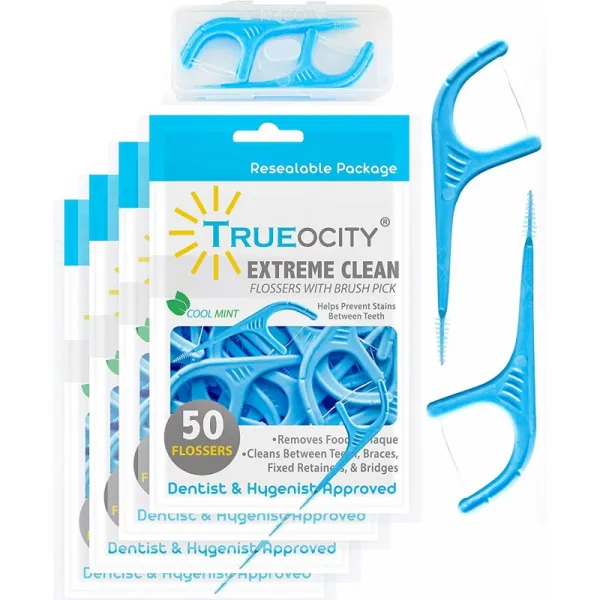 Trueocity Dental Flossers Brush 픽스 4팩(총 횟수 200개) Dental Floss Glides 간 쉬운 치아 사이 Flosser Helps Tooth De, 1