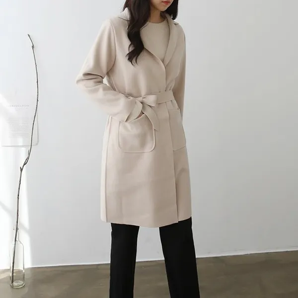 데끼카라 끈자켓)겨울재캣 허리리본끈 모직재킷 롱기장 롱코트 아이보리 검정 밤색 브라운