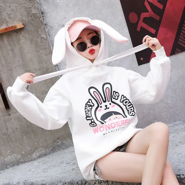 도깨비몰 여성 봄 파스텔 오버사이즈 벨벳 토끼귀 후드 티셔츠