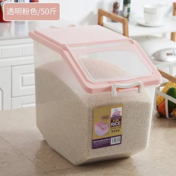 플라스틱밀폐용기 게량컵증정 용기 밀가루통 50근포장 플라스틱통 .저금통 수납합 쌀통 먼지걱정없는 밀봉된 세트, T22-I24-Q83-업그레이드형 :50근 식투명 핑크