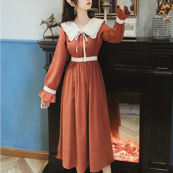 배색 프릴 빅카라 플레어 소녀 원피스 개화기 레트로 복고풍의상