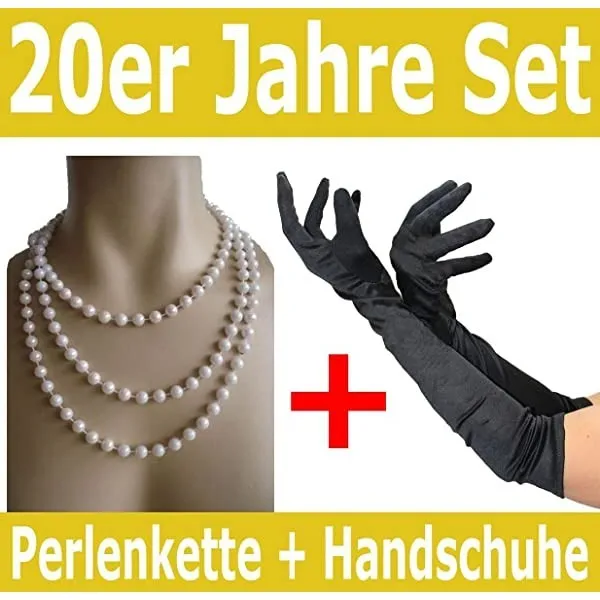 Foxxeo 50001 Black 20s Gloves and Pearl Necklace Mafia Charleston Set, Set 50001 2-teilig