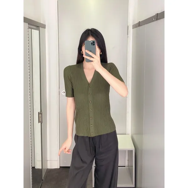 로뎀트리 브이넥니트가디건 극히 간소함 곡식물의 총칭 하우스 그린 골지 반팔 싱글 버튼 슬림 여름 여성