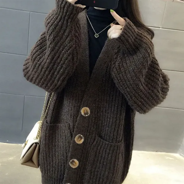 미디 롱 니트가디건 겨울 가을 여성 와이드 루즈핏 키치한 긴 소매 두꺼운 스웨터 코트 3756417890