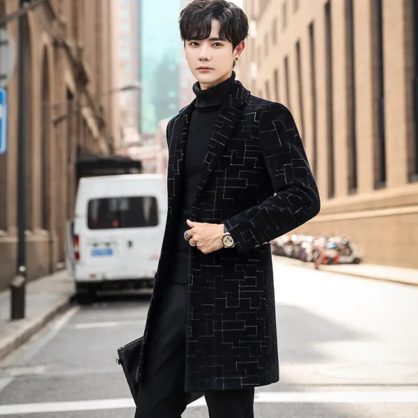 남자 겨울 체크 코트 주니어 블랙 체크 코트남 2019 가을겨울 면 덧장 트렌치코트, 기하급수적(정규적)