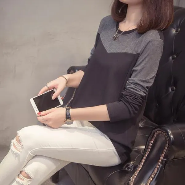 여성 빅사이즈 배색 컬러 라운드넥 긴팔 티셔츠(2컬러) 티셔츠 긴소매