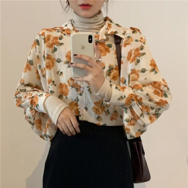 DAPANDA 셔츠여 봄 한국판 빈티지 플라워 블루종 블라우스 현아풍 원버튼 루즈핏 셔츠