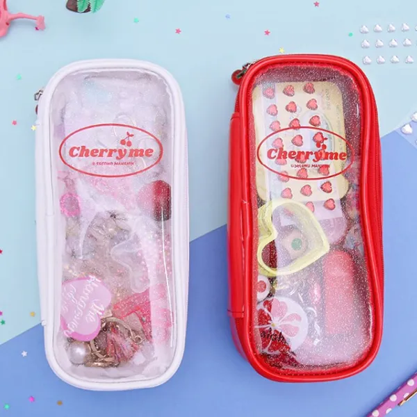 세컨드맨션 투명 필통 대용량 펜슬 파우치 Pvc 레드