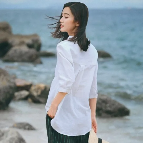 브이넥셔츠 점잖게 주문하다 여성의류 여름 면린넨 칠부 소매 슬림 와이셔츠 빅사이즈 상의 4874213683, K17- 소박 화이트 M건의 108