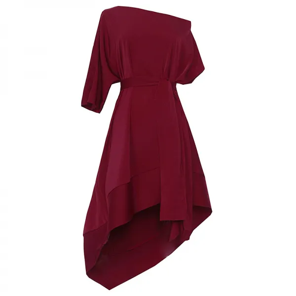 술 레드 여 인간미 슬럽 숄더 슬림 원피스 벨트 스타일링 여신 어 핏 롱스커트 여름옷 뉴