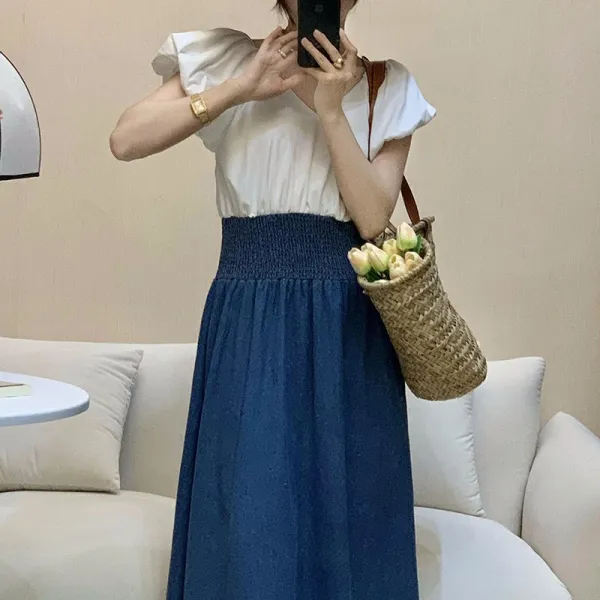Other/其他 워싱 블루 데님 패치 투피스 여 여름 심플한 디자인 느낌 조임 롱스커트