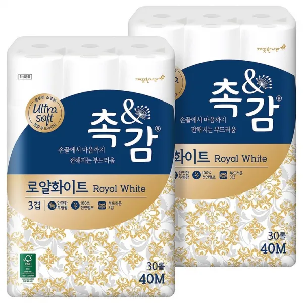 깨끗한나라 촉앤감 로얄화이트 화장지 40m, 30롤, 2팩