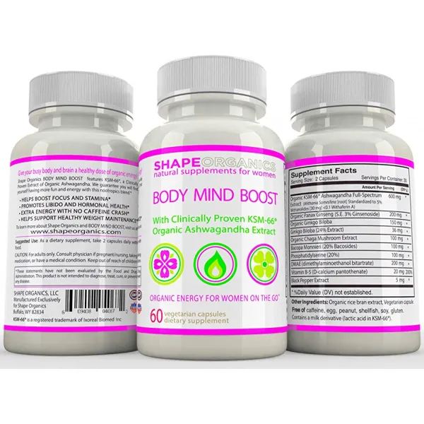 Shape Organics Body Mind Boost 에너지 명확성 집중 집중 기분주의 두뇌 및 신경 불안 방지 공황 기억력 Ashw