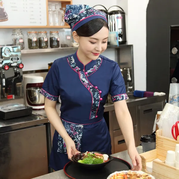 떠블유디몰 작업복 특색 농가악 여름옷 여성 플라워 클래식 에스닉 풍전등화솥 음식점 미드 음식 복무원 반팔, L 여성 블루