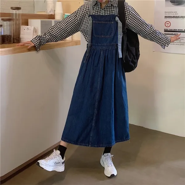 푸른상점 데님 멜빵치마 뚱뚱한 여자 누이동생 MM 가을 클래식 청멜빵 자녀 빅 야드 슬림핏 와이드 루즈핏 롱