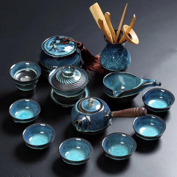 보여 건잔가마 균요 광휘 로얄킴스6인홈 룩 도자기 옆 손잡이 화상방지 가정용 다도 블루 박 유약 （서클 믹스 ）13 헤