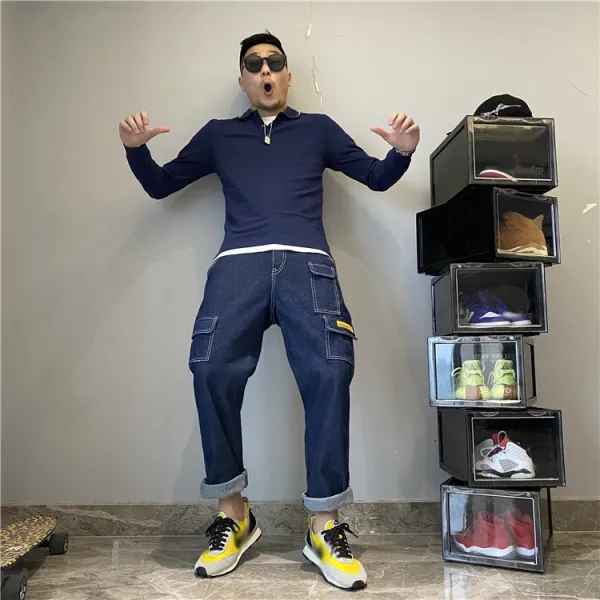 풍운 남성의류 희소함 유행하는 물건 카고 데님 경전 원색 워싱 화이트 스트레이트핏 일자 청바지