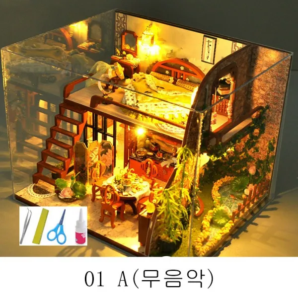 HY diy 오막살이 옥탑방 중국풍 소집 모형 별장 수제 녀성들의 생일선물 콜라보 XT12 A25, 01 A(무음악)
