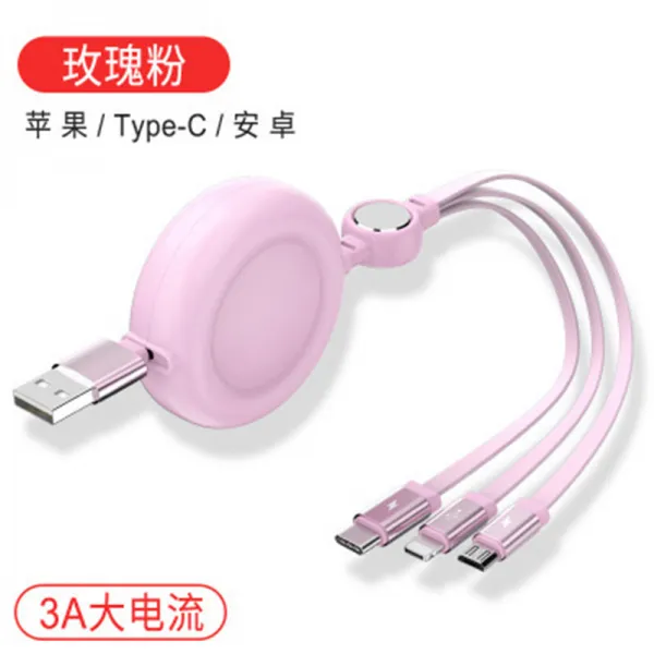 신축이력 케이블 1줄 전원 코드 3 In 1 멀티 기능 3a 빠른 충전 휴대용 전선 선물 맞춤 핑크