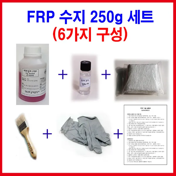Frp 250g 6종 세트/물탱크 보트 수리 조형물 제작 수지+경화제+유리섬유+장갑+붓+설명서 세트1 Frp 250g 6종세트