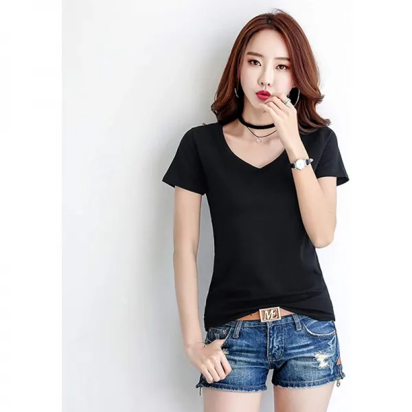 레이디스 T셔츠 반소매 심플 니트 예쁜 무지 얄팍하게 S~XL V네크 상품 명칭(검정 L)