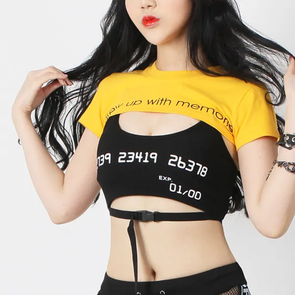 초미니 크롭티/숏 짧은 레터링 배꼽 공연복 방송 댄스 힙합 옷 패션
