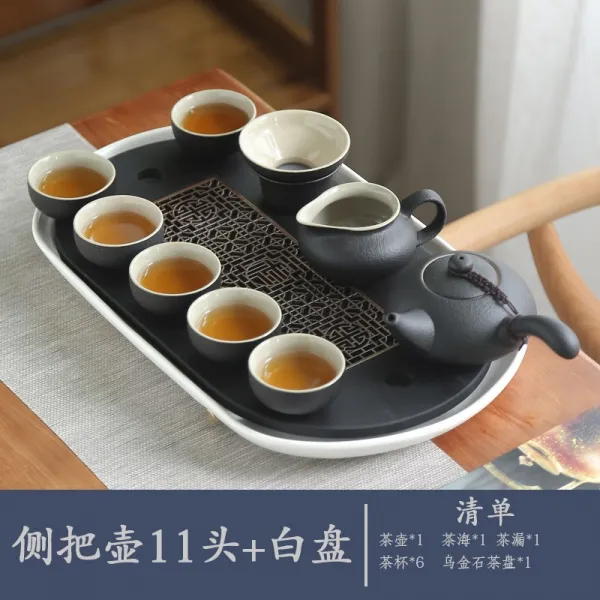 티포트 패키지 차제구 가정용 도자기 블랙세라믹 차도구 찻주전자 찻잔 금색 차받침판 차테이블 차받침, T10-사이드그립 11차제구+금색 석차반(화이트)