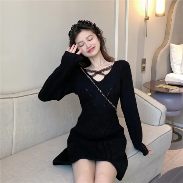 해외 브이넥 긴팔 여성 겨울 원피스 레이어드 슬림 스판 38181