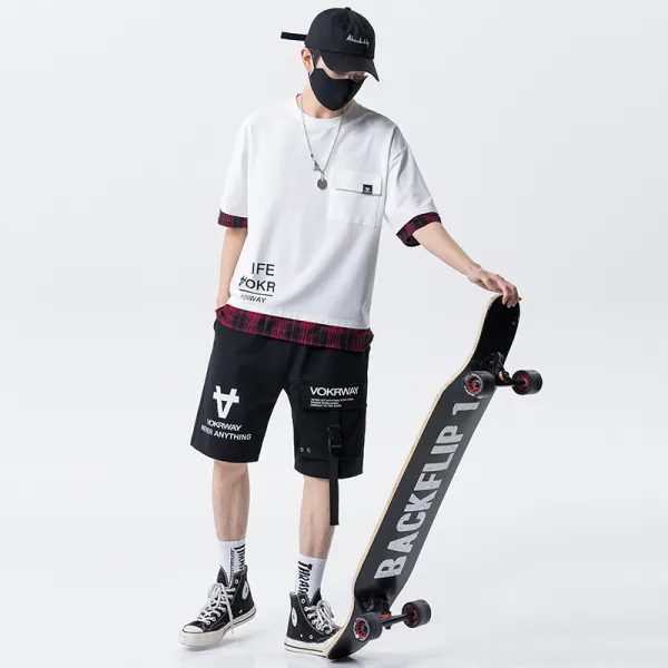 뉴타임즈 상하의 세트 여름 노동복 레저 세트 남자 와이드 핏의 멋진 건달 반팔 세트 코디 기능 리본 반바지 남자 QH31 A22, 화이트 레드