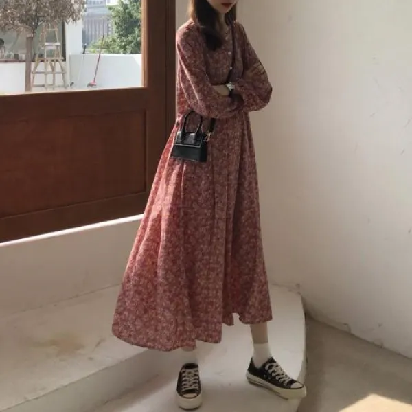 라운드넥 꽃무늬 롱 원피스 심플 자켓 세트