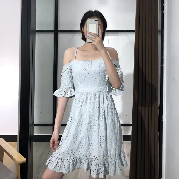하오타오 어깨트임 오프 숄더 원피스 식체 가게 내수판매 스타일 펀칭 골드 레이스 장식