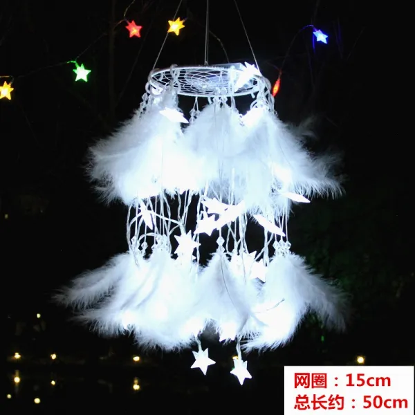 드림캐쳐 드림캐처 깃털 풍경 걸이식장식 가구 실내 인테리어 거는장식 창의적 공중 장식품 등장식 선물 T01 15cm홑겹 화이트색 20스타 전등 배터리타입