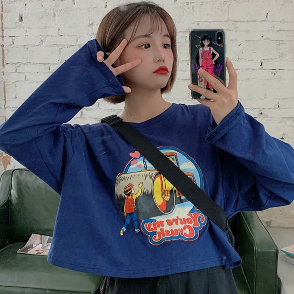 루즈핏 긴팔 크롭티 망홍조추ins반팔긴팔티셔츠여와이드bf늘보괴한가을옷에박시 크롭탑