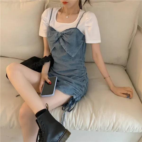 [ON133062] 실제촬영실가 리본 끈 슬림 데님스커트포승줄원피스