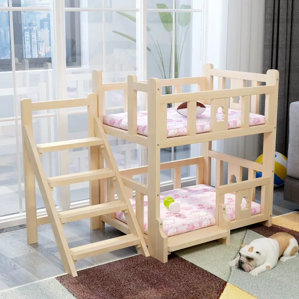 반려동물 강아지 고양이 하우스 원목 2층 침대, 원목 무페인트 나침대 측 계단