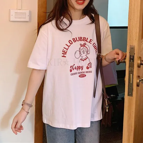 kirahosi 여자 여름 대학생 프린트 박스티 오버핏 반팔 티셔츠 + 덧신 증정 Veadev5