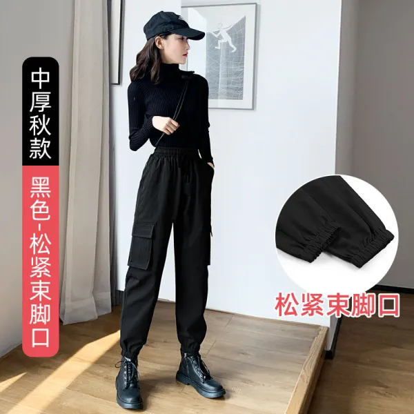 트레이닝 긴바지 남극인 블랙 카고바지 여성 겨울 가을 계절 하이웨이스트 날씬해 보이는 두터운 융털 운동 와이드 루즈핏