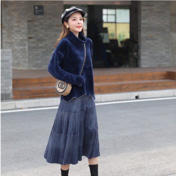 줄리엣이뽀 K0242 터틀넥 벨벳 니트 스웨터와 주름치마 대박 세트룩