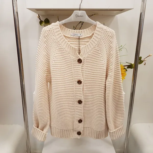 마이티지 따뜻한 데일리 단추 라운드니트가디건 라이트베이지 색상 