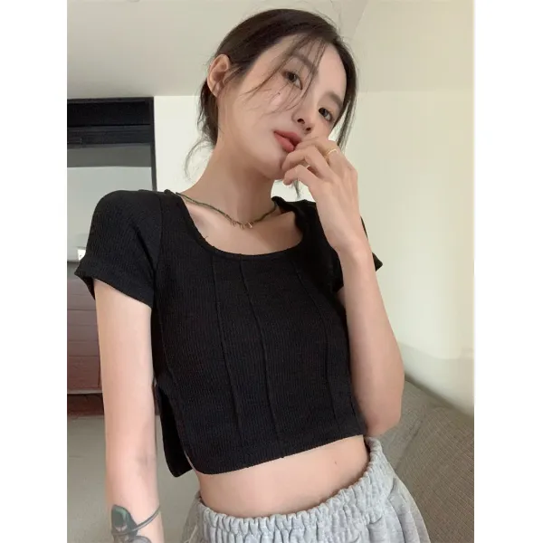 절개티셔츠 그린 여성 202 여름 디자인감각 숏 반팔 달콤하고 맵다 풍한계 CHI 시크 상의 4672112098