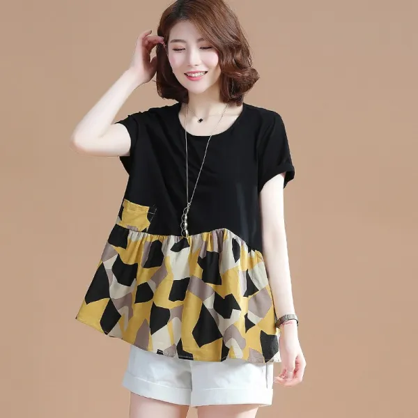 샵솔베이지 박시루즈핏 여름 미시 캐쥬얼 기하학무늬 면 티셔츠 블라우스 L 2xl 