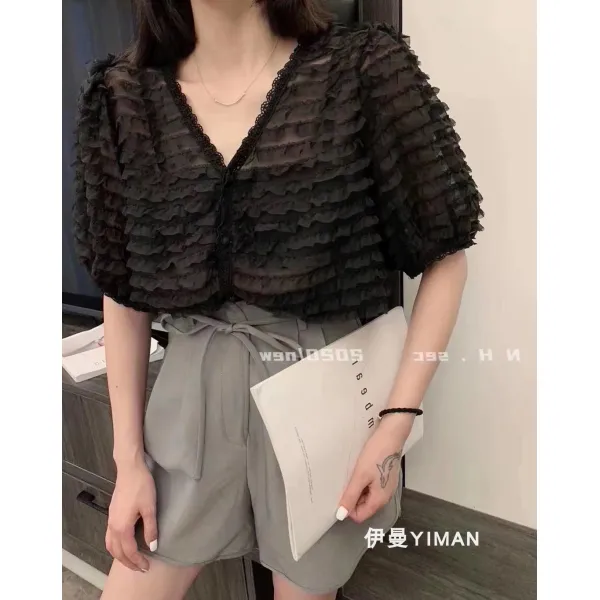쉬폰블라우스 층층 셔츠 여성반팔소매 2020여름시즌 뉴타입 유행패션 유럽풍 v깃싱글단추 쉬폰 레이스 상의