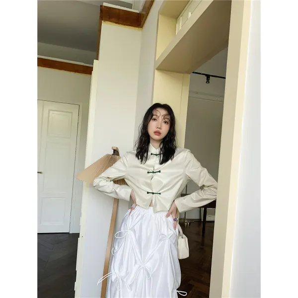 일자핏셔츠 특이한 코팅 원단 중국식 단추 세련되다 슬림 숏 탑코트 가을 신 2859128917