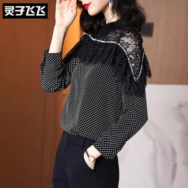 해외 출고 2020년 봄 배갯짓 블랙 긴팔 도트 프린트 눈-20586